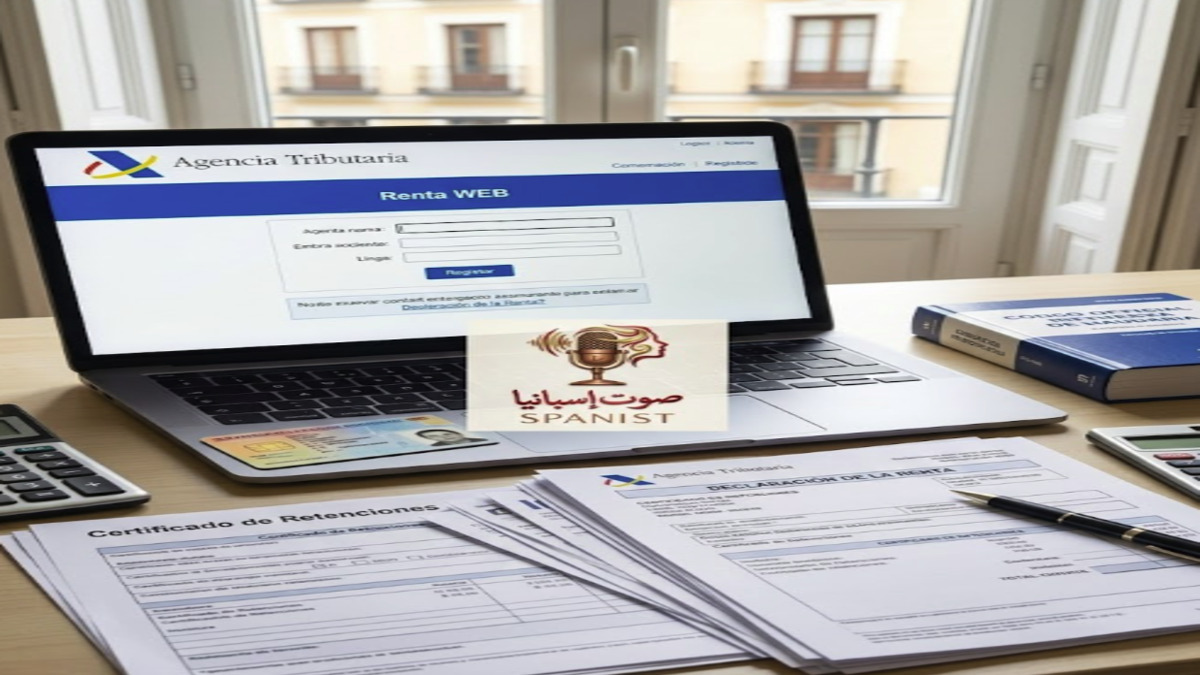 شاشة حاسوب تعرض واجهة تسجيل الدخول لمنصة Renta Web الرسمية الخاصة بوكالة الضرائب الإسبانية.