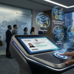 توضيح مفاهيمي لعملية الهجرة الانتقائية في إسبانيا، تظهر فحصاً رقمياً للمهارات المهنية والبيانات الاقتصادية للمهاجرين المهرة.