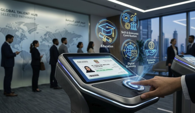 توضيح مفاهيمي لعملية الهجرة الانتقائية في إسبانيا، تظهر فحصاً رقمياً للمهارات المهنية والبيانات الاقتصادية للمهاجرين المهرة.