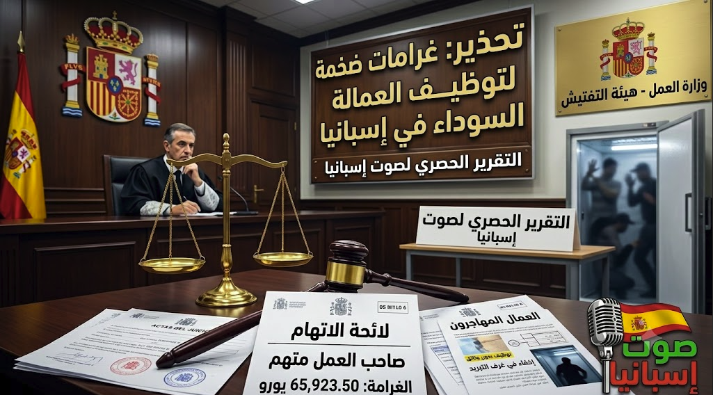 قاعة محكمة إسبانية وميزان العدالة يجسد عقوبات توظيف العمالة السوداء بدون وثائق لصالح موقع صوت إسبانيا.