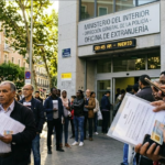 متقدمون يقفون في طابور أمام مكتب شؤون الأجانب في مدريد يحملون وثائق رسمية لتجديد وإصدار إقاماتهم.