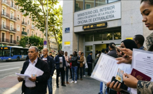 متقدمون يقفون في طابور أمام مكتب شؤون الأجانب في مدريد يحملون وثائق رسمية لتجديد وإصدار إقاماتهم.