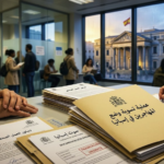 ملفات رسمية مكتوب عليها عملية تسوية وضع المهاجرين في إسبانيا داخل مكتب حكومي وأمام البرلمان.