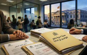 ملفات رسمية مكتوب عليها عملية تسوية وضع المهاجرين في إسبانيا داخل مكتب حكومي وأمام البرلمان.