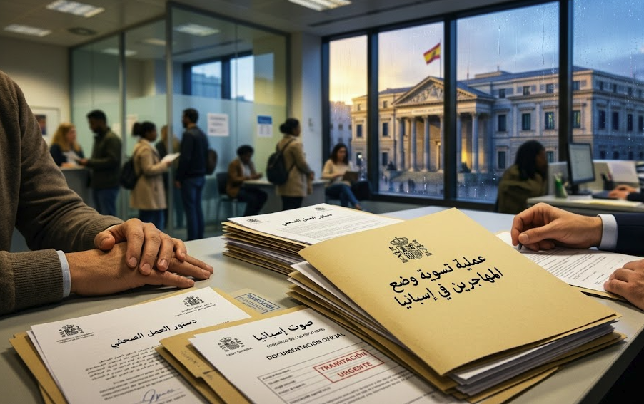 ملفات رسمية مكتوب عليها عملية تسوية وضع المهاجرين في إسبانيا داخل مكتب حكومي وأمام البرلمان.