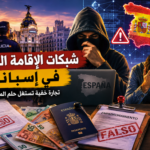 النص البديل (Alt Text): صورة تعبيرية تظهر شبكات الإقامة الوهمية في إسبانيا، تتضمن وثائق مزيفة وشخصاً مجهول الهوية وأموالاً وعلم إسبانيا، في إشارة إلى عمليات الاحتيال التي تستهدف المهاجرين.