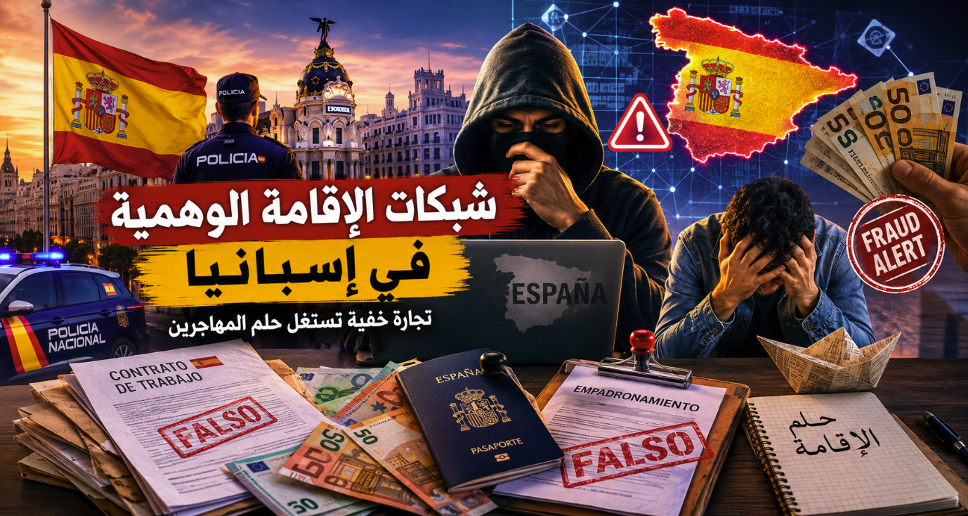 النص البديل (Alt Text): صورة تعبيرية تظهر شبكات الإقامة الوهمية في إسبانيا، تتضمن وثائق مزيفة وشخصاً مجهول الهوية وأموالاً وعلم إسبانيا، في إشارة إلى عمليات الاحتيال التي تستهدف المهاجرين.