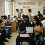 مهاجرون يجلسون داخل مكتب الأجانب في إسبانيا يراجعون وثائقهم لتسوية أوضاعهم القانونية.