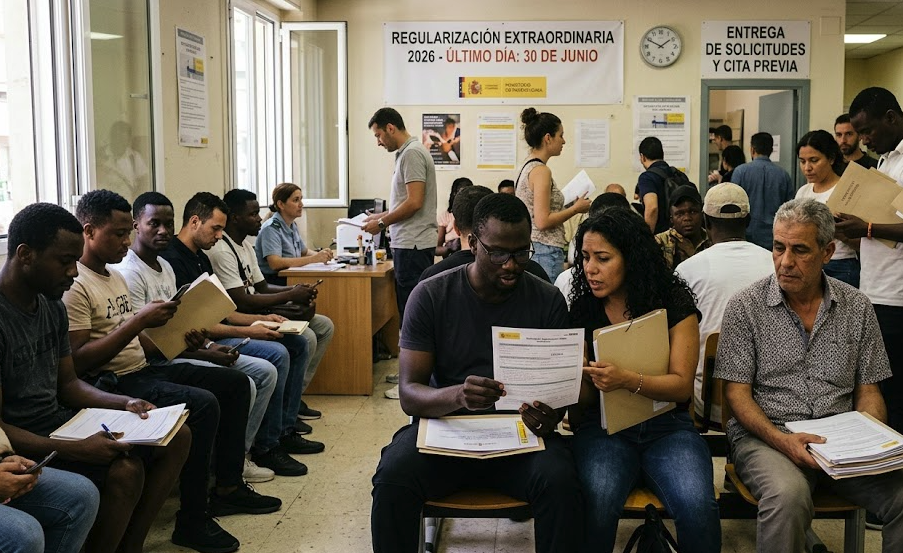 مهاجرون يجلسون داخل مكتب الأجانب في إسبانيا يراجعون وثائقهم لتسوية أوضاعهم القانونية.