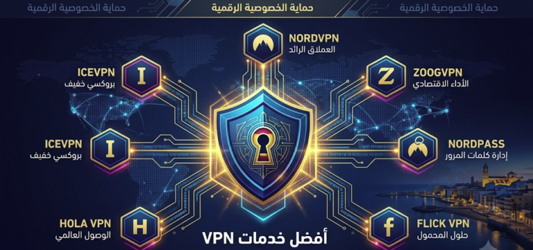 إنفوجرافيك باللغة العربية من صوت اسبانيا يستعرض أفضل خدمات vpn لحماية الخصوصية الرقمية بما في ذلك NordVPN وZoogVPN مع تصميم درع أمان رقمي وخلفية تقنية لمدينة إسبانية ساحلية.