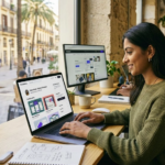 مستقلة تعمل على جهاز كمبيوتر محمول يعرض واجهة منصة Contra لبناء معرض أعمال احترافي داخل مساحة عمل مشتركة.