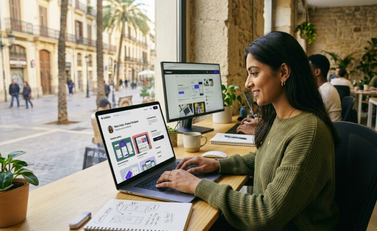 مستقلة تعمل على جهاز كمبيوتر محمول يعرض واجهة منصة Contra لبناء معرض أعمال احترافي داخل مساحة عمل مشتركة.
