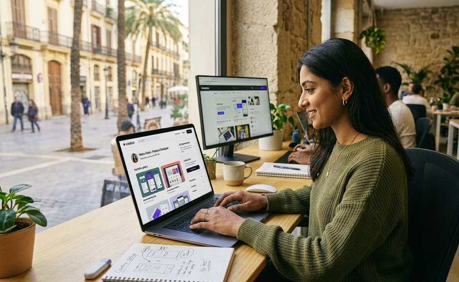 دليل منصة Contra للعمل الحر بدون عمولات 1 مستقلة تعمل على جهاز كمبيوتر محمول يعرض واجهة منصة Contra لبناء معرض أعمال احترافي داخل مساحة عمل مشتركة.