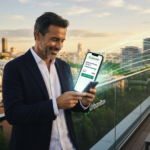 مستثمر يستخدم تطبيق Urbanitae للاستثمار العقاري في إسبانيا لمتابعة مشاريع البناء من شرفة مطلة على مدينة مدريد.