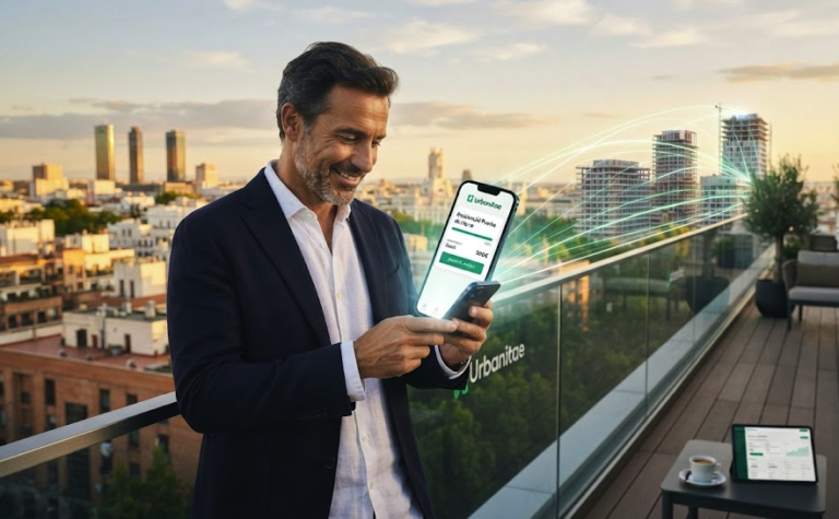 الاستثمار العقاري في إسبانيا: فرص حقيقية تنقلك لعالم الثراء 1 مستثمر يستخدم تطبيق Urbanitae للاستثمار العقاري في إسبانيا لمتابعة مشاريع البناء من شرفة مطلة على مدينة مدريد.