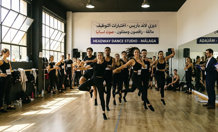 وظائف ديزني لاند باريس: دليل التقديم في اختبارات إسبانيا 1 شباب يشاركون في اختبارات الأداء الحركي واستعراضات الرقص داخل استوديو هيدواي دانس في مالقة للعمل في ديزني لاند باريس.