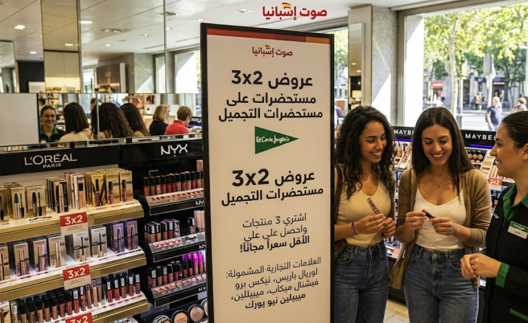 لافتة عروض 3x2 على مستحضرات التجميل في إيل كورتي إنغليس مع سيدات يتسوقن المكياج