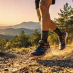 عداء يرتدي حذاء Bikila الاحترافي للجري على مسار جبلي في إسبانيا عند شروق الشمس.