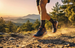عداء يرتدي حذاء Bikila الاحترافي للجري على مسار جبلي في إسبانيا عند شروق الشمس.