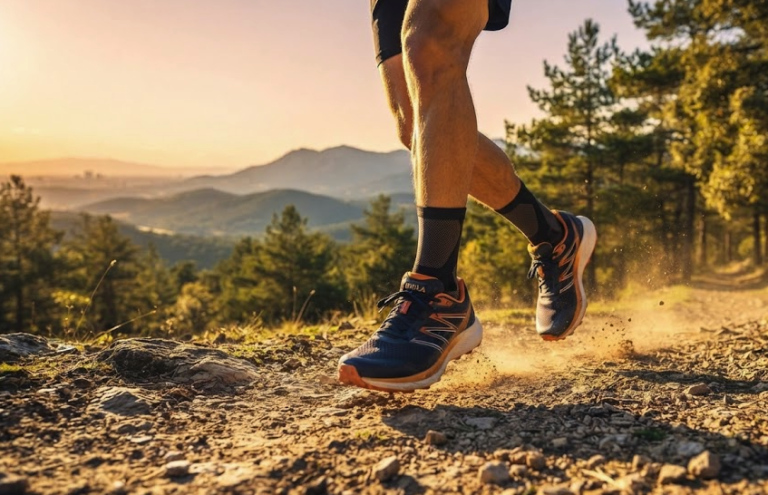 عداء يرتدي حذاء Bikila الاحترافي للجري على مسار جبلي في إسبانيا عند شروق الشمس.