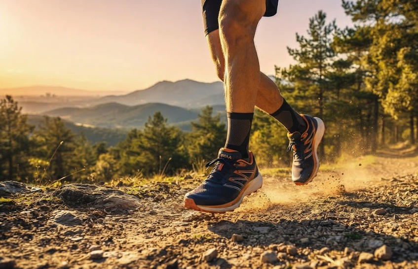 عداء يرتدي حذاء Bikila الاحترافي للجري على مسار جبلي في إسبانيا عند شروق الشمس.