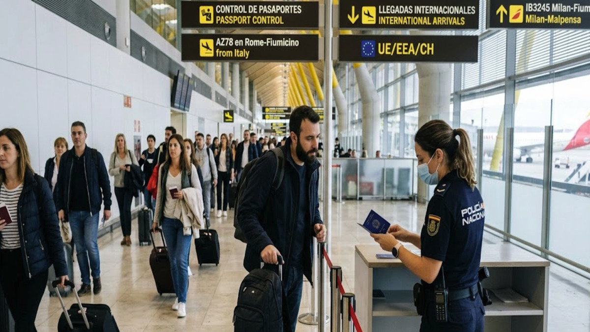 أزمة سبتة تدفع إسبانيا وإيطاليا إلى تشديد الرقابة على المسافرين 1 شرطي إسباني يتحقق من جواز سفر مسافر في مطار إسباني