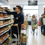 موظف في متجر ألكامبو يقوم بترتيب المنتجات في إسبانيا