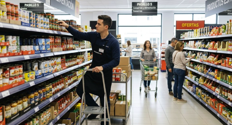 موظف في متجر ألكامبو يقوم بترتيب المنتجات في إسبانيا