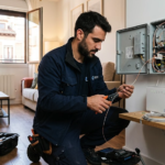 Fiber optic installer working inside a Spanish home
