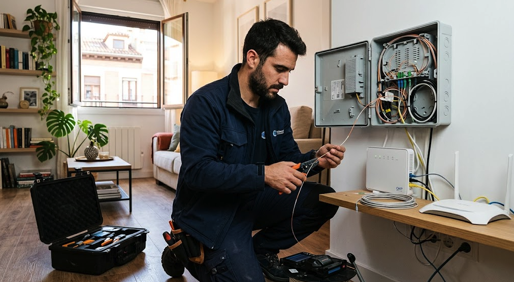 Fiber optic installer working inside a Spanish home