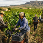 Workers harvesting grapes in a Spanish vineyard