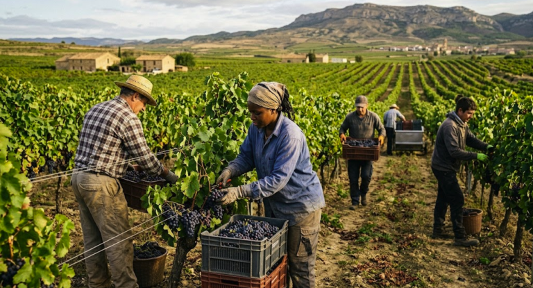 Workers harvesting grapes in a Spanish vineyard