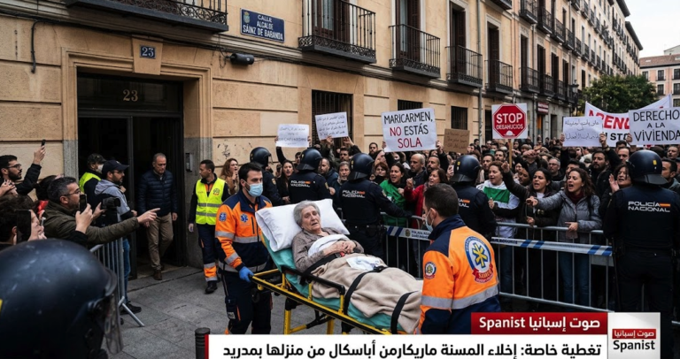 إخلاء المسنة ماريكارمن أباسكال من شقتها في مدريد على نقالة إسعاف