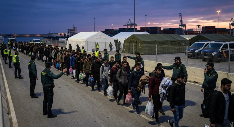 Spanish police move migrants from the beaches of Ceuta to a temporary tented site
