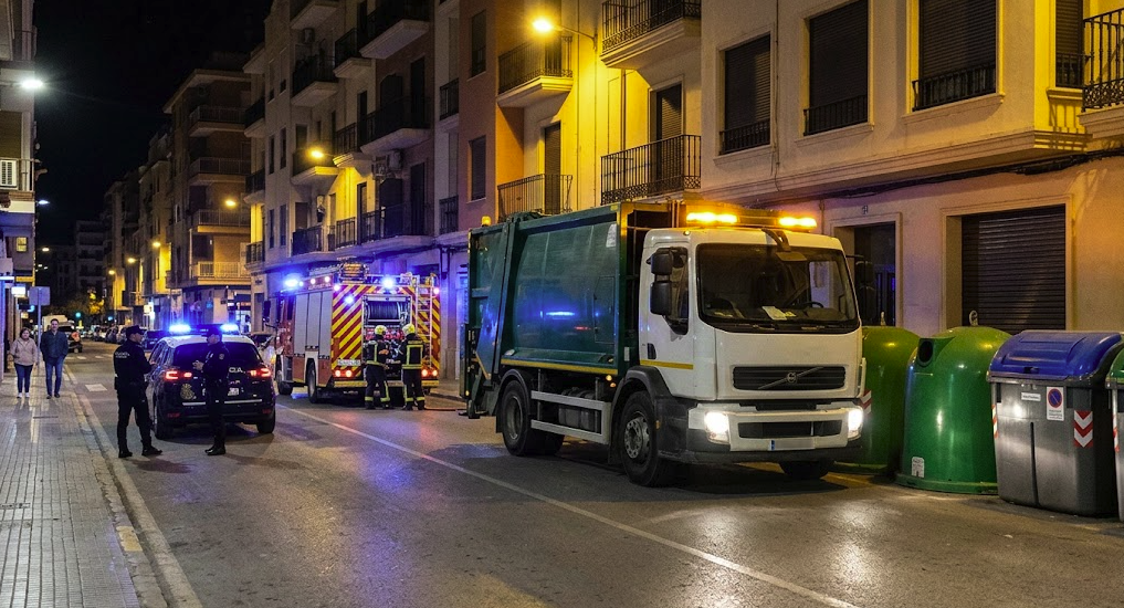 شاحنة جمع نفايات بجانب حاويات القمامة في كارتاخينا بإسبانيا