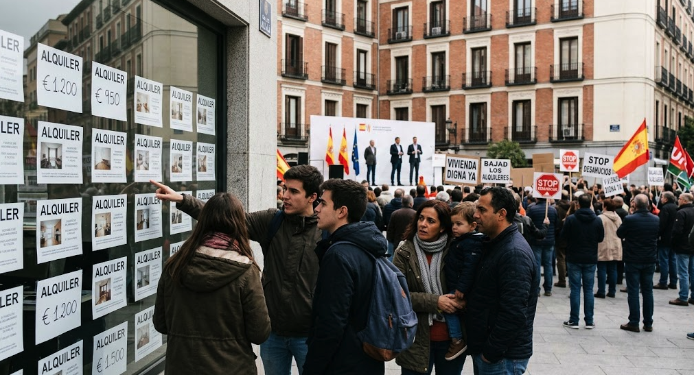 Edificios residenciales en España durante una protesta por el acceso a la vivienda asequible.