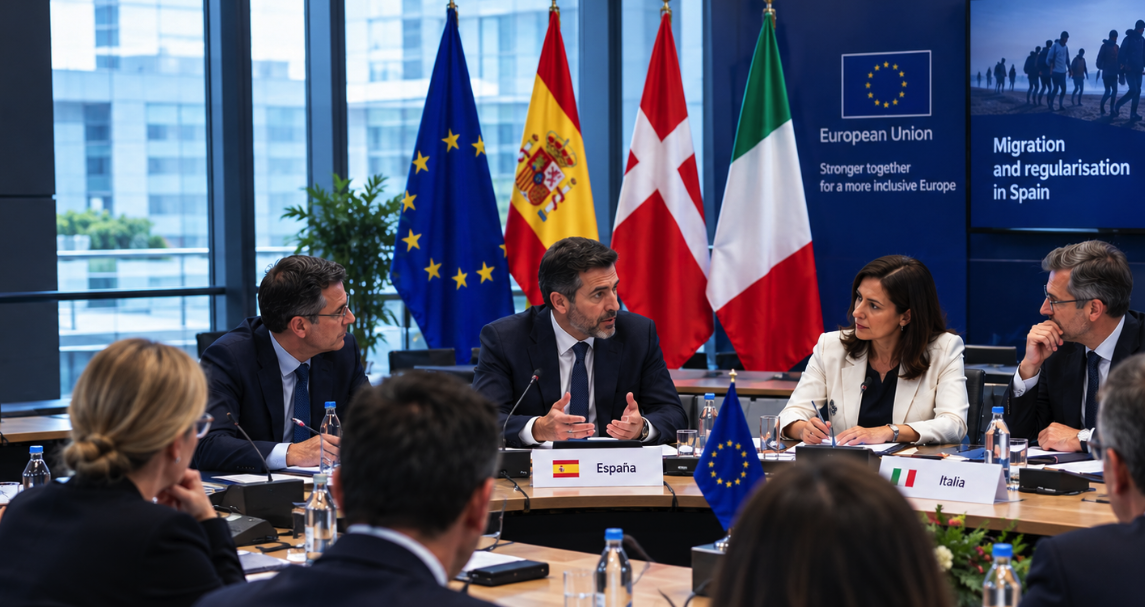 European leaders discuss Spain’s migrant regularisation plan at an EU meeting.