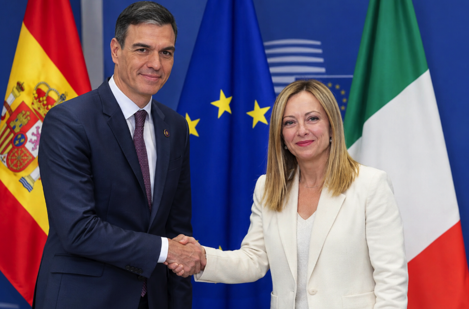 Pedro Sánchez y Giorgia Meloni ante las banderas de España, Italia y la Unión Europea, en referencia a las negociaciones sobre los controles fronterizos.