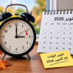 ساعة وتقويم يوضحان موعد تغيير الساعة في إسبانيا يوم 25 أكتوبر 2026