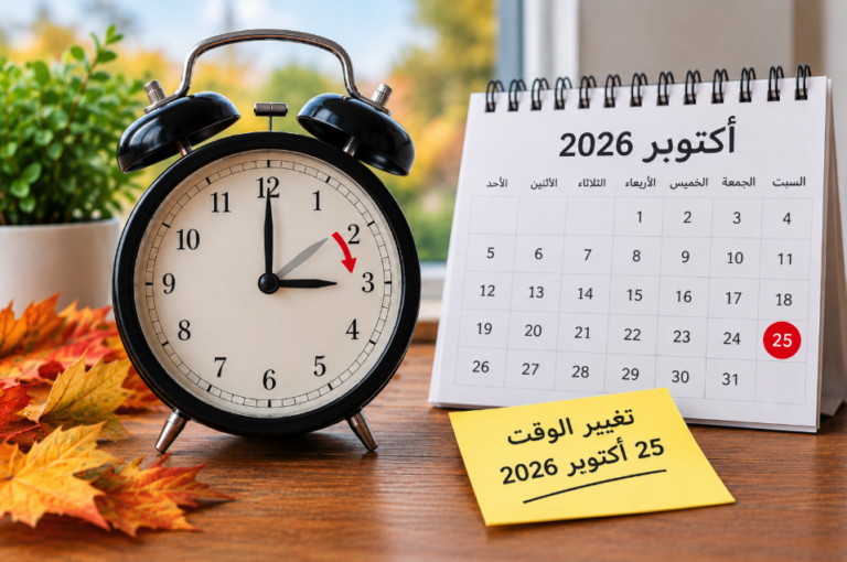 ساعة وتقويم يوضحان موعد تغيير الساعة في إسبانيا يوم 25 أكتوبر 2026